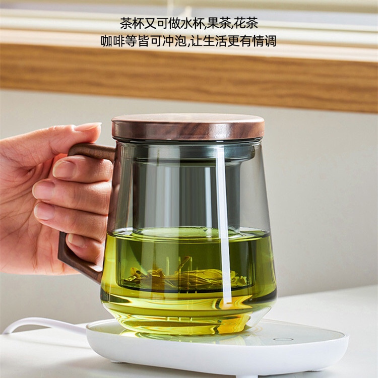 办公玻璃喝茶杯 茶水分离花茶泡茶杯侧木把胡桃木带盖玻璃三件杯