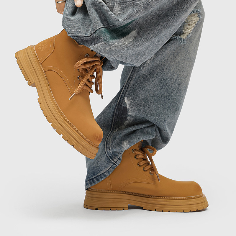 马丁靴男款秋冬季加绒英伦中帮户外复古厚底增高工装登山大黄靴男,淘宝优惠券,粉丝福利购,淘宝优惠卷