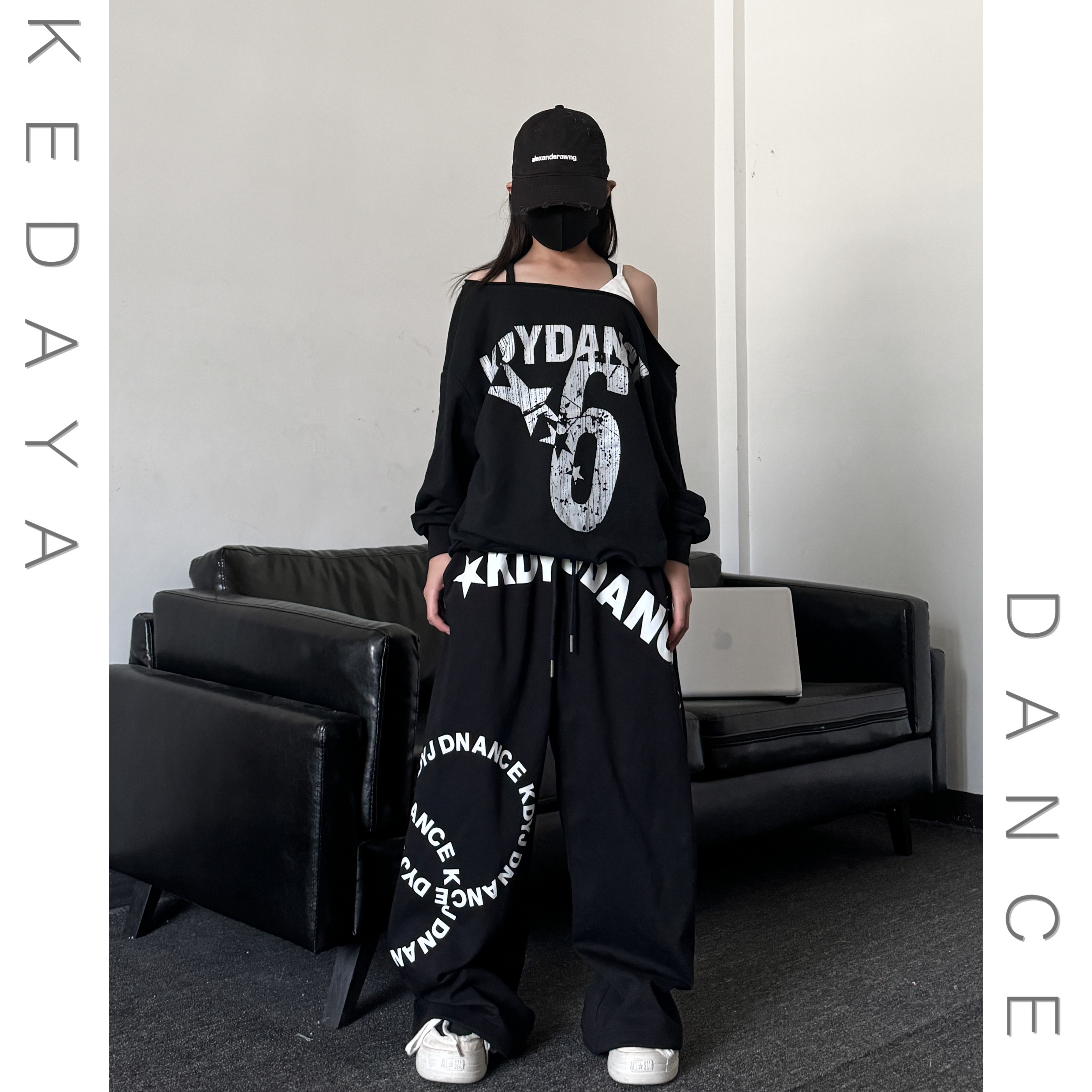 秋季新款童装潮酷女童斜肩宽松长袖卫衣卫裤套装少儿舞蹈演出服 - 图2