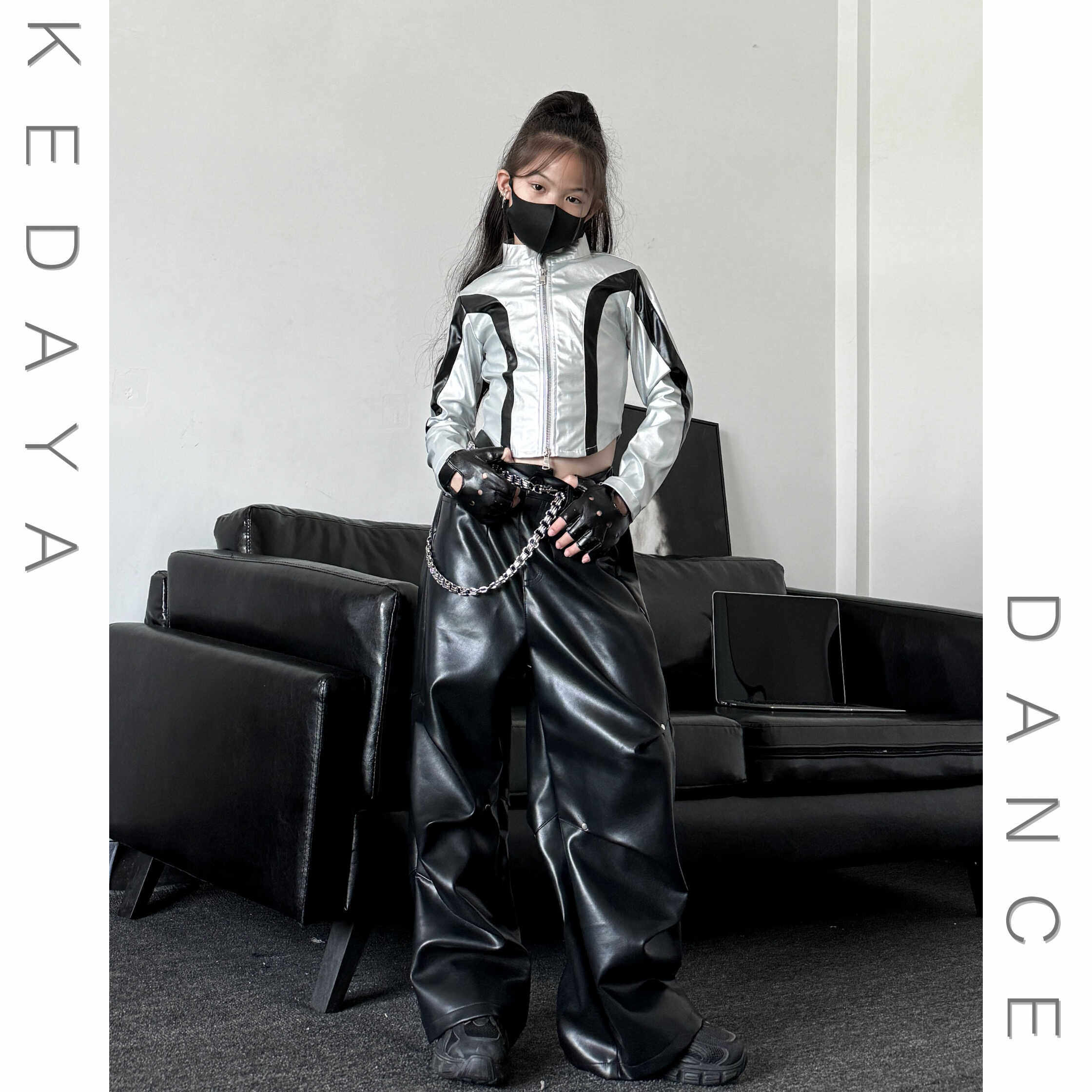 爵士舞服装女童银色皮衣外套皮裤子少儿欧美女团jazz表演出服套装,淘宝优惠券,粉丝福利购,淘宝优惠卷