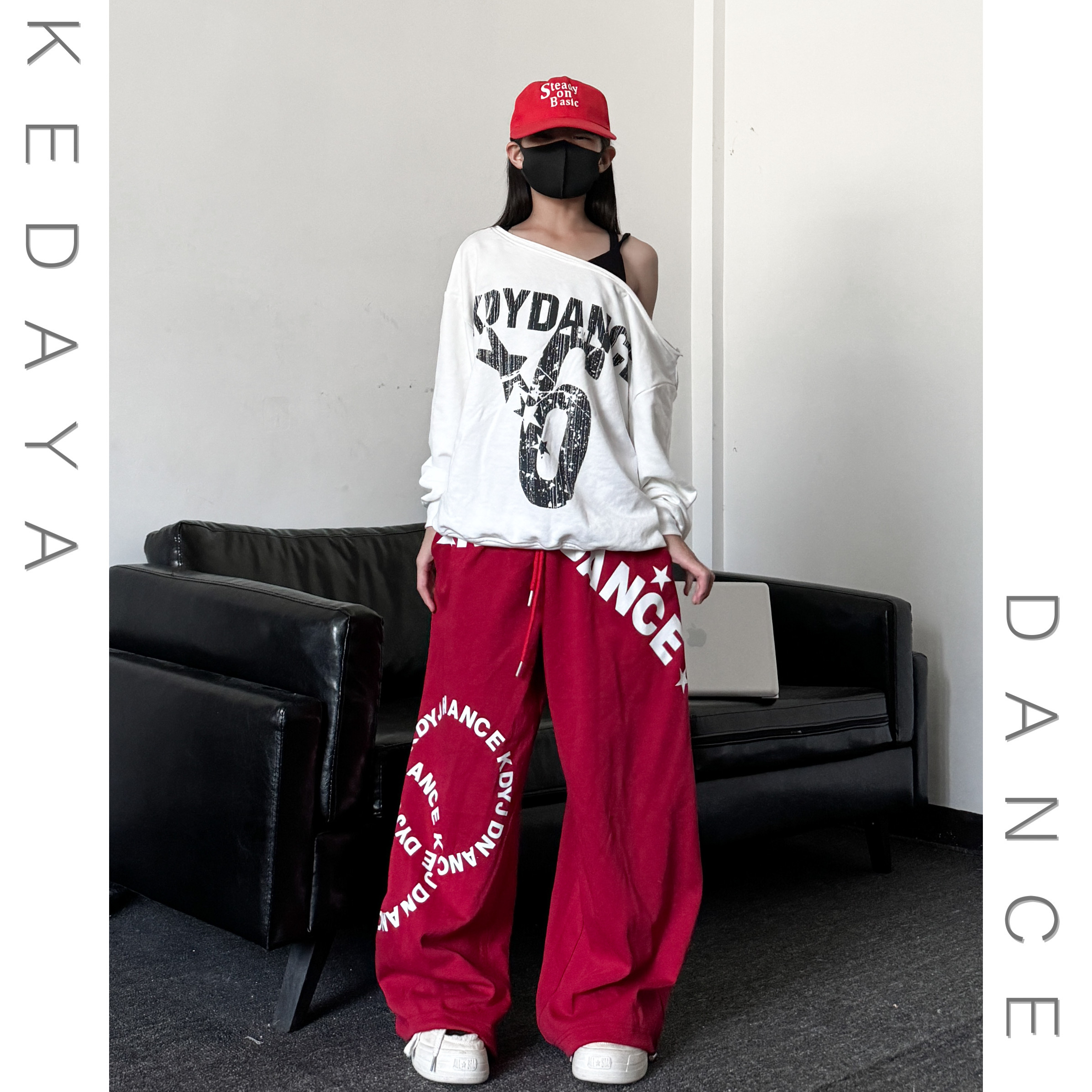 秋季新款童装潮酷女童斜肩宽松长袖卫衣卫裤套装少儿舞蹈演出服 - 图1