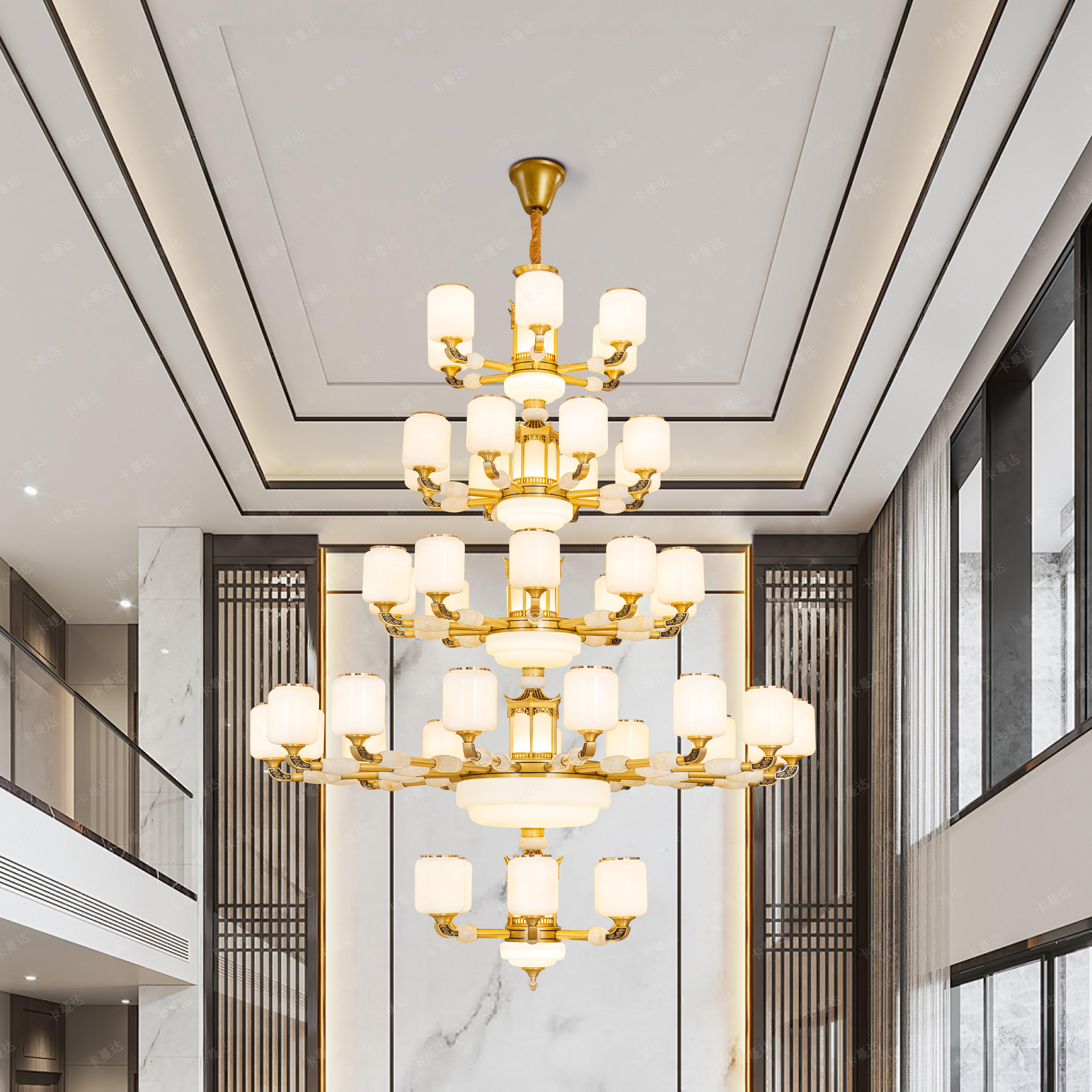 全铜玉石复式楼客厅大吊灯新中式别墅楼梯中空旋转楼梯自建房灯具,淘宝优惠券,粉丝福利购,淘宝优惠卷