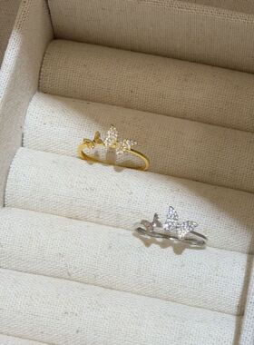 双蝴蝶可调节戒指女S925纯银