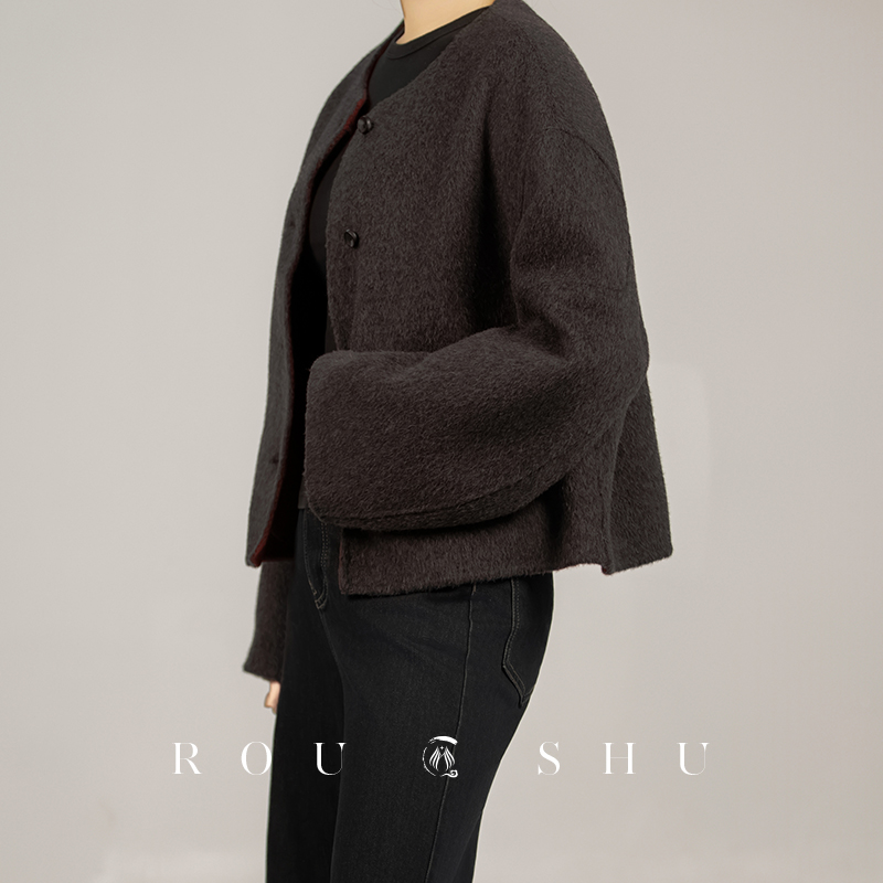2025秋冬新款100%羊毛小香风圆领上衣小个子显瘦双面呢外套通勤女 - 图1