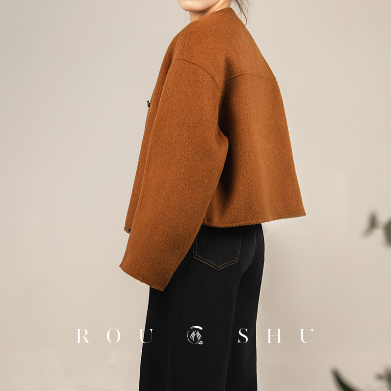 2025秋冬新款100%羊毛小香风圆领上衣小个子显瘦双面呢外套通勤女 - 图0
