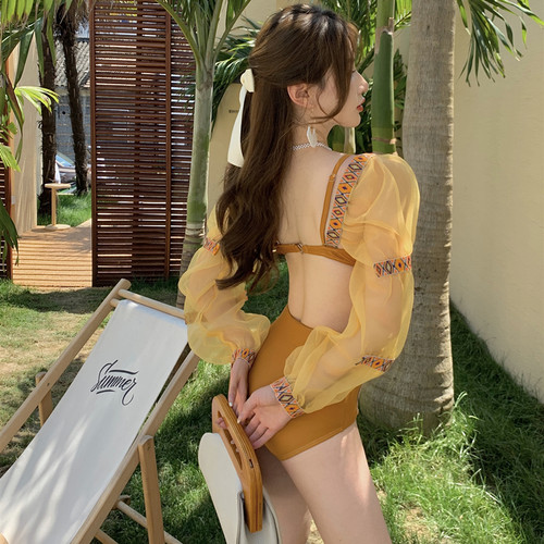 韩国ins泳衣女夏网红连体性感长袖仙女范钢托聚拢显瘦遮肉游泳衣 - 图2