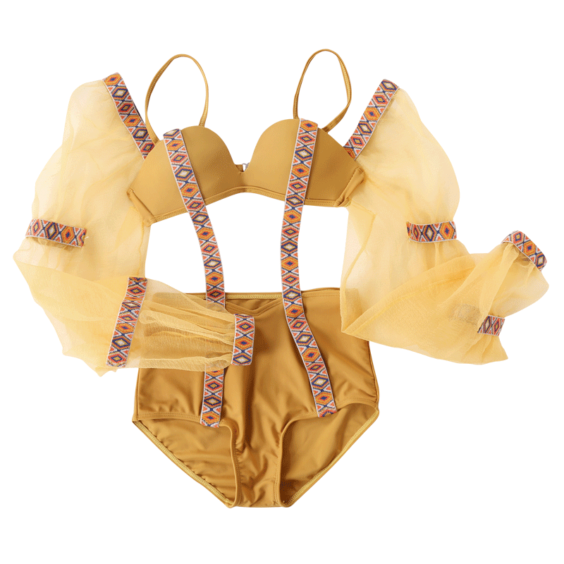 韩国ins泳衣女夏网红连体性感长袖仙女范钢托聚拢显瘦遮肉游泳衣 - 图3