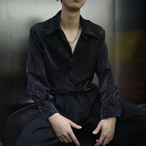 痞帅潮流ins黑色长袖衬衫男禁欲系满天星烫金设计感宽松夜店上衣 - 图1