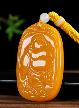 和田玉黄玉弥勒佛玉佛手把件