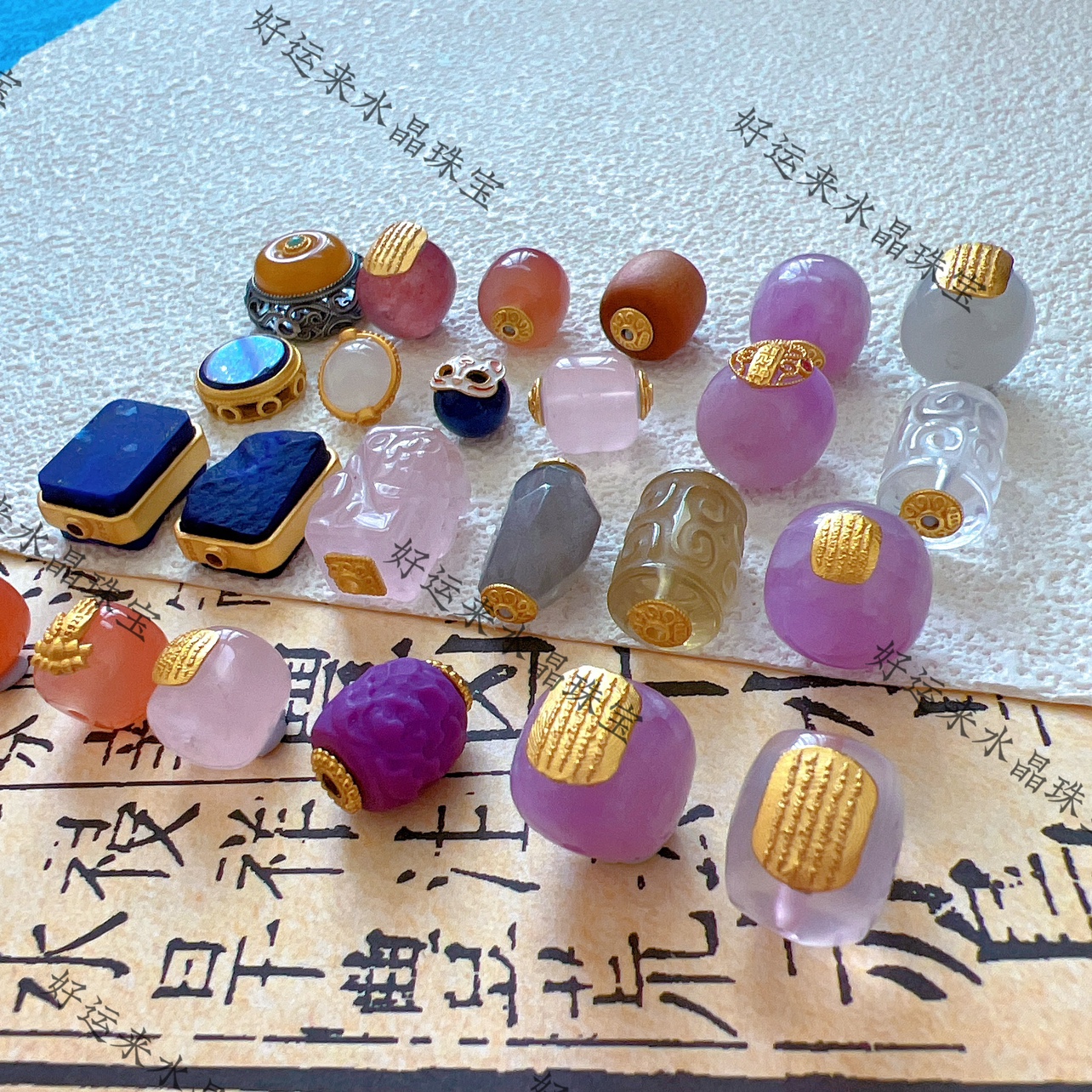 S925古法纯银月光青金石紫锂辉黄水晶桶珠蜜蜡多宝diy文玩配件饰 - 图0