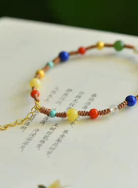 原创多宝手串运转珠南红蜜蜡和田玉碧绿松石青金石珍珠配饰手链女