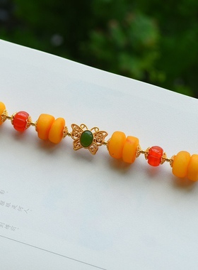 天然老蜜蜡隔片和田玉南红南瓜珠古法银镶嵌碧玉蝴蝶隔珠多宝手链