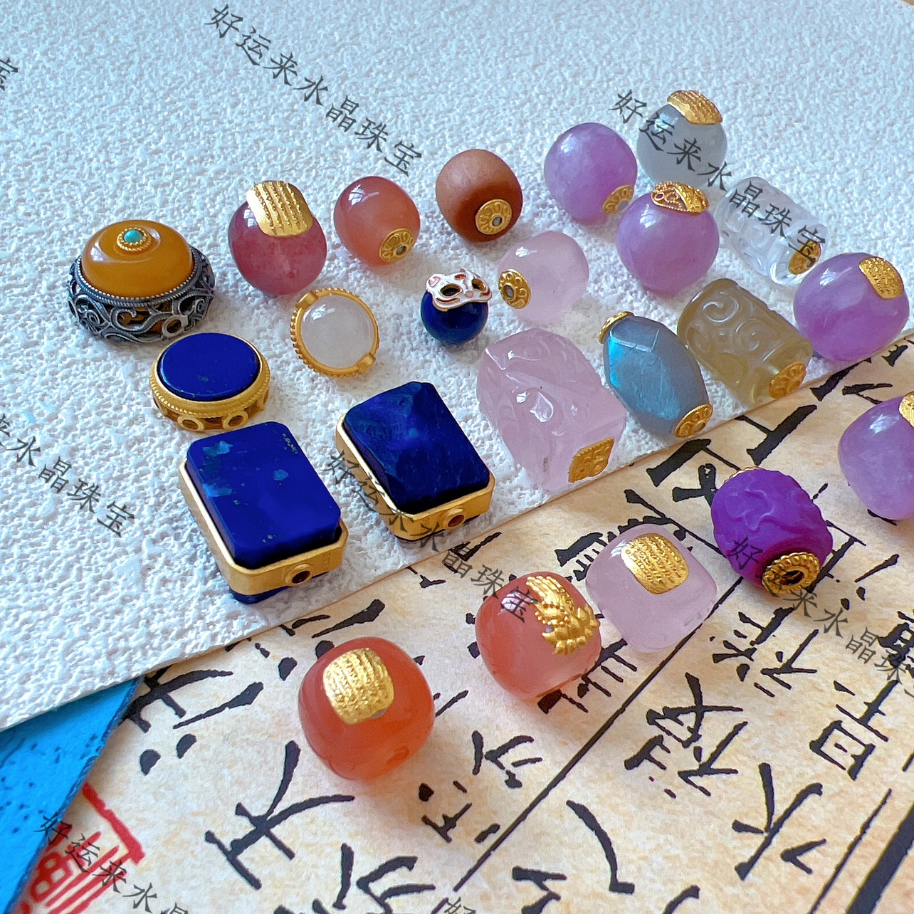 S925古法纯银月光青金石紫锂辉黄水晶桶珠蜜蜡多宝diy文玩配件饰 - 图1