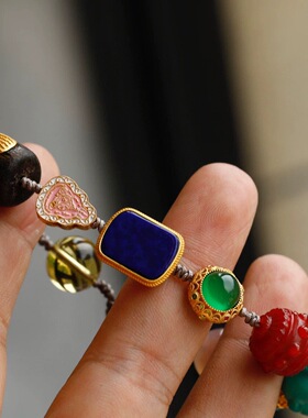 天然多宝成品手链纯银鎏金镶嵌青金石无事牌和田玉琥珀diy编绳女