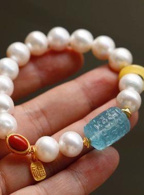 天然淡水珍珠成品手链海蓝宝雕刻回纹桶珠 蜜蜡转运环纯银镶南红