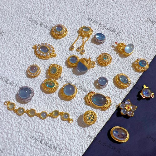 925古法纯银镶海蓝宝太阳花平安锁蛋面多宝隔珠DIY连接链条配件 - 图0