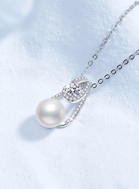 S925银镀18K金PT950铂金镶嵌莫桑石项链淡珍珠项链吊坠时尚锁骨链