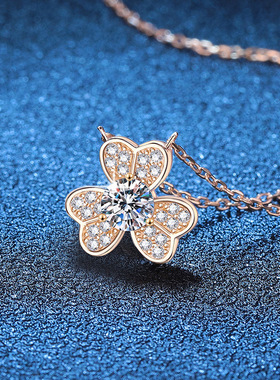 S925银镀18K金PT950铂金镶嵌D色50分莫桑石吊坠三叶草银吊坠项链