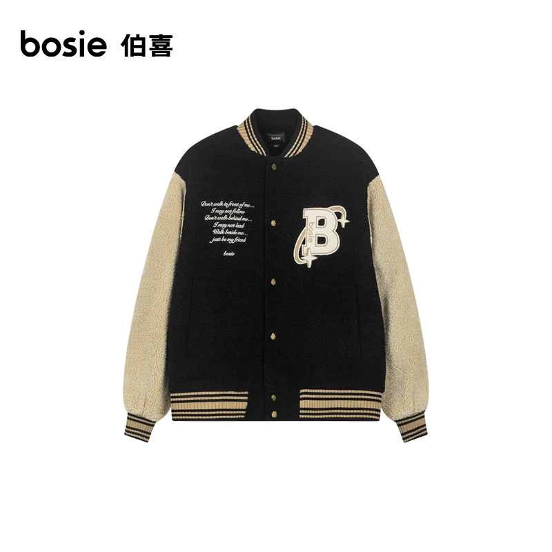 bosie2023冬新款棉服男情侣摇粒绒拼色刺绣运动棒球棉衣外套潮