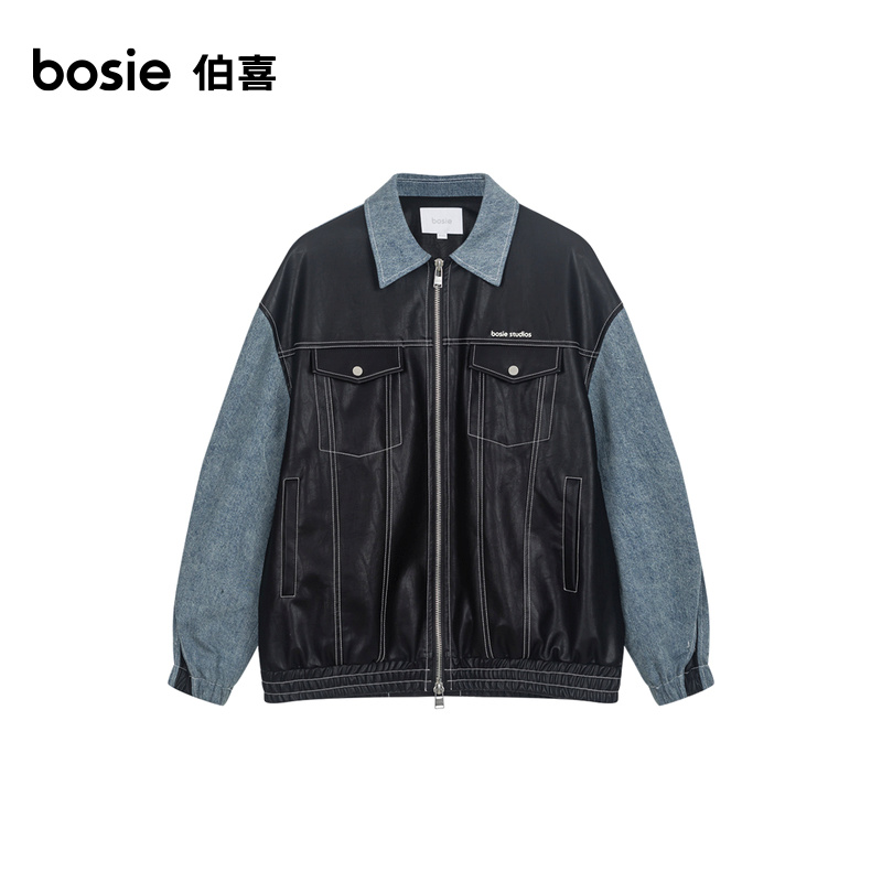 bosie2024春季新款夹克男情侣牛仔拼接PU皮衣明线刺绣外套上衣潮