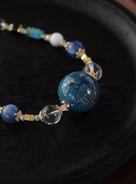 流体大漆锁骨链，搭配天然白水晶、蓝晶石，青金石，菱镁矿SH