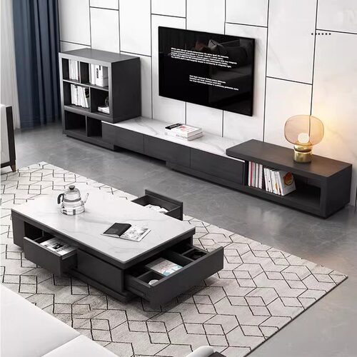 岩板茶几电视柜组合现代简约小户型家用客厅伸缩极简茶几桌 - 图3