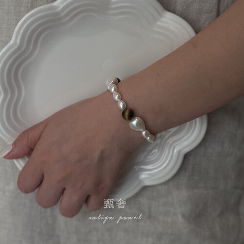 《滴水灵韵》小众设计款不规则淡水巴洛克珍珠虎眼石项链手链套装 - 图1