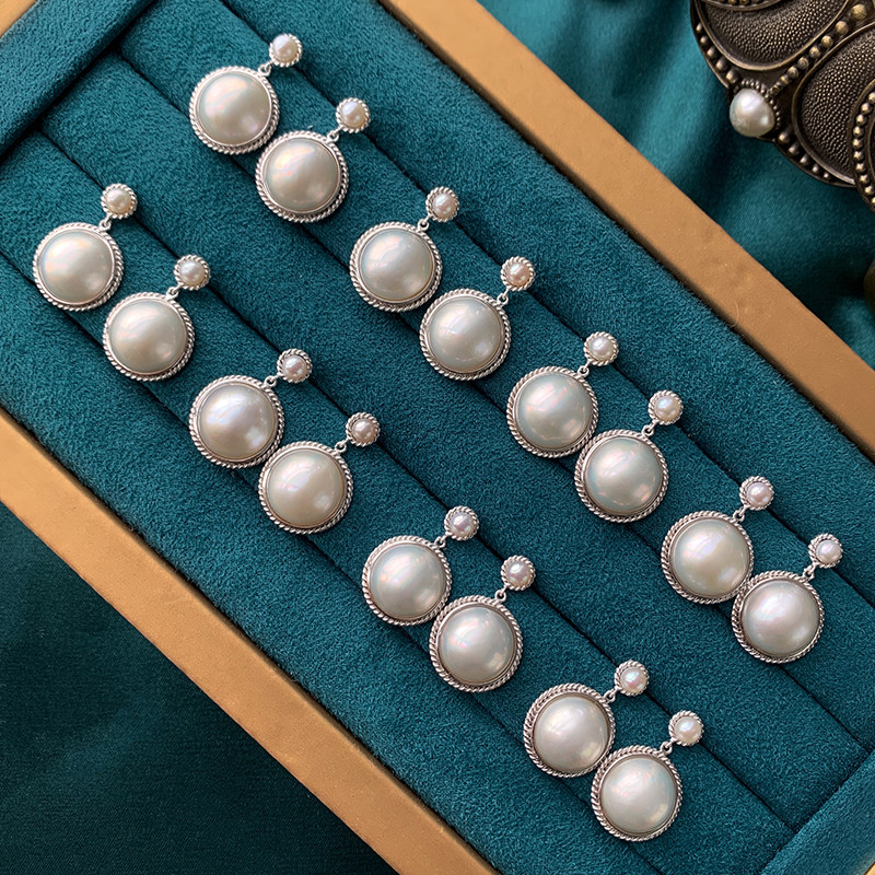 《月上明星》原创设计纯银白色海水马贝珍珠耳钉耳坠法式复古耳饰,淘宝优惠券,粉丝福利购,淘宝优惠卷