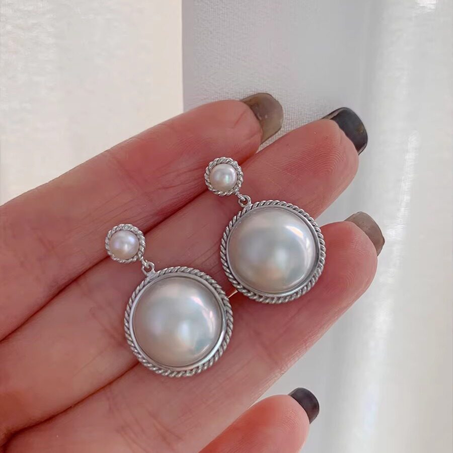 《月上明星》原创设计纯银白色海水马贝珍珠耳钉耳坠法式复古耳饰,淘宝优惠券,粉丝福利购,淘宝优惠卷