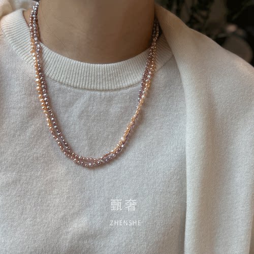 《如沐秋色》4-5mm花瓣状巴洛克珍珠金色到紫色渐变长项链120cm - 图0