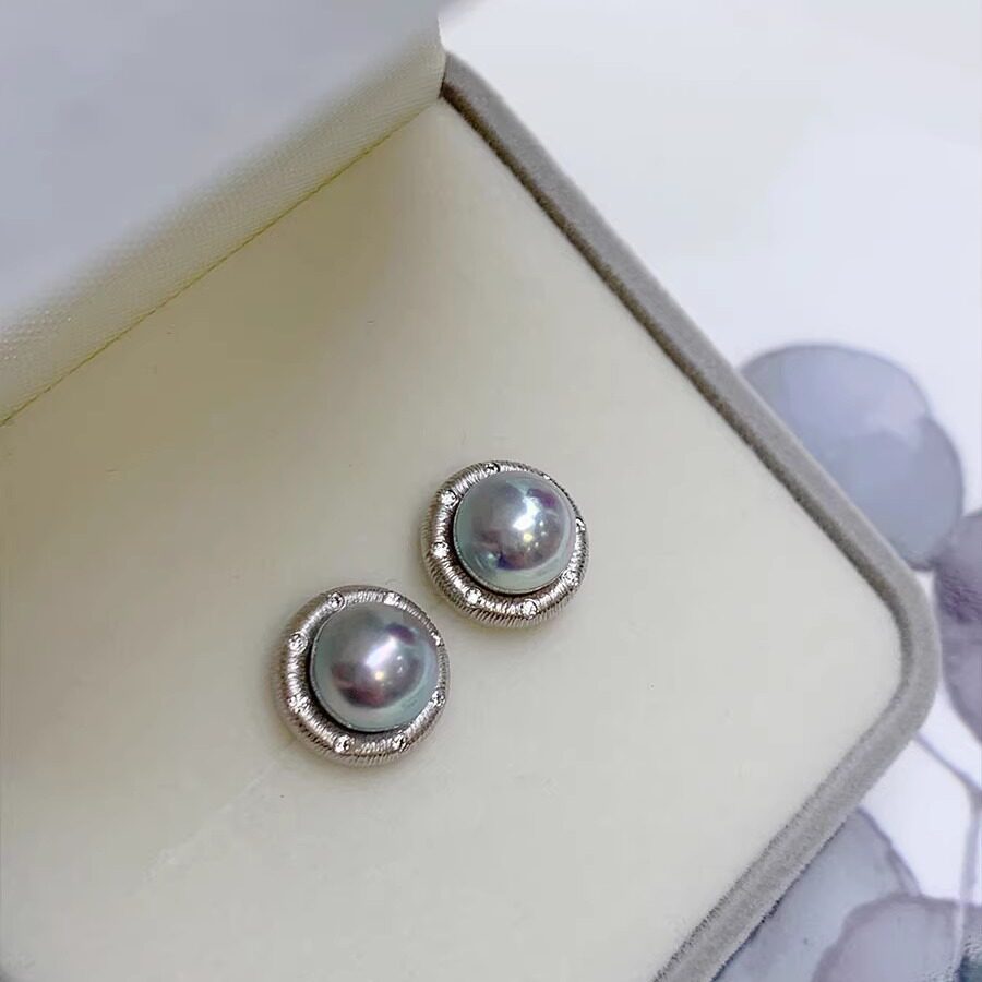 <Cool Neon>Natural colorless akoya seawater pearl brushed sterling silver earrings ring for women