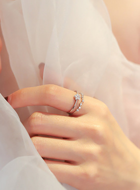 s925纯银星星双层戒指韩版时尚气质镶钻开口食指戒可调节指环