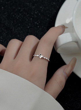 S925纯银麻花编织蝴蝶戒指女开口设计爱心指环小众设计高级感轻奢