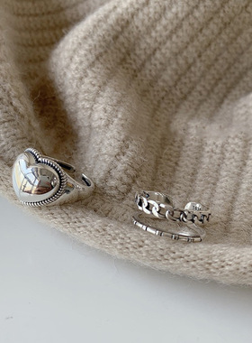 韩国东大门光面爱心链条银戒指女食指s时尚个性百搭复古ins指环