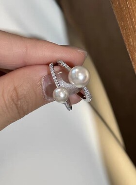 可调节纯银开口极光珍珠戒指简约气质轻奢高级感指环2025爆款手饰