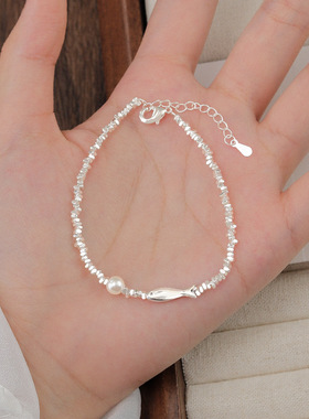 s925纯银小鱼碎银子珍珠手链女生2025年新款轻奢小众精致手串