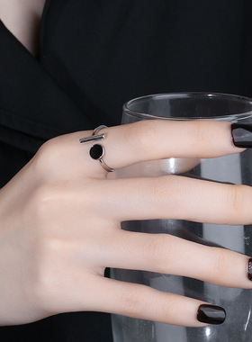 S925纯银黑暗系开口可调节指环女韩版小众设计感滴釉黑色几何戒指