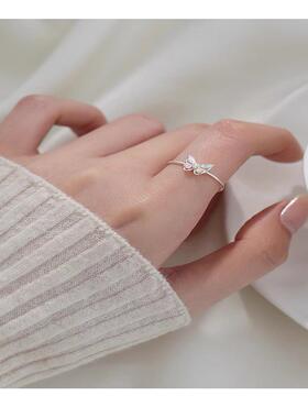 925纯银彩钻蝴蝶立体锆石戒指女闪钻开口简约指环简约食指戒