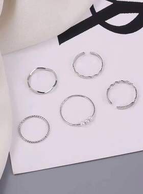 戒指女简约时尚五件套组合套装开口指环女网红个性尾戒手饰品