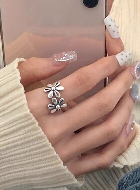 S925纯银复古双花朵戒指女小众冷淡风甜酷个性食指戒网红款指环