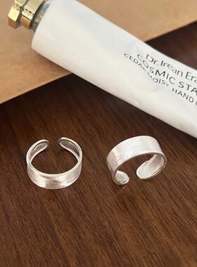 S925纯银磨砂拉丝戒指女小众个性韩版时尚几何素银宽面指环