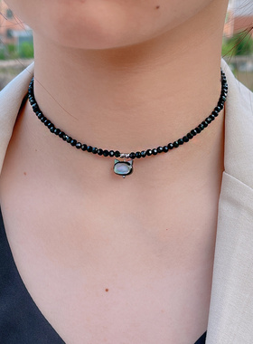 贝壳可爱猫黑水晶锁骨链颈链女