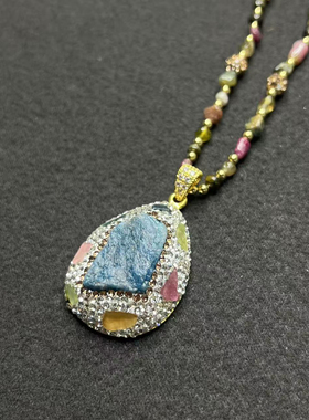 天然蓝磷灰石中古碧玺长款项链女轻奢高级复古法式毛衣链配饰饰品