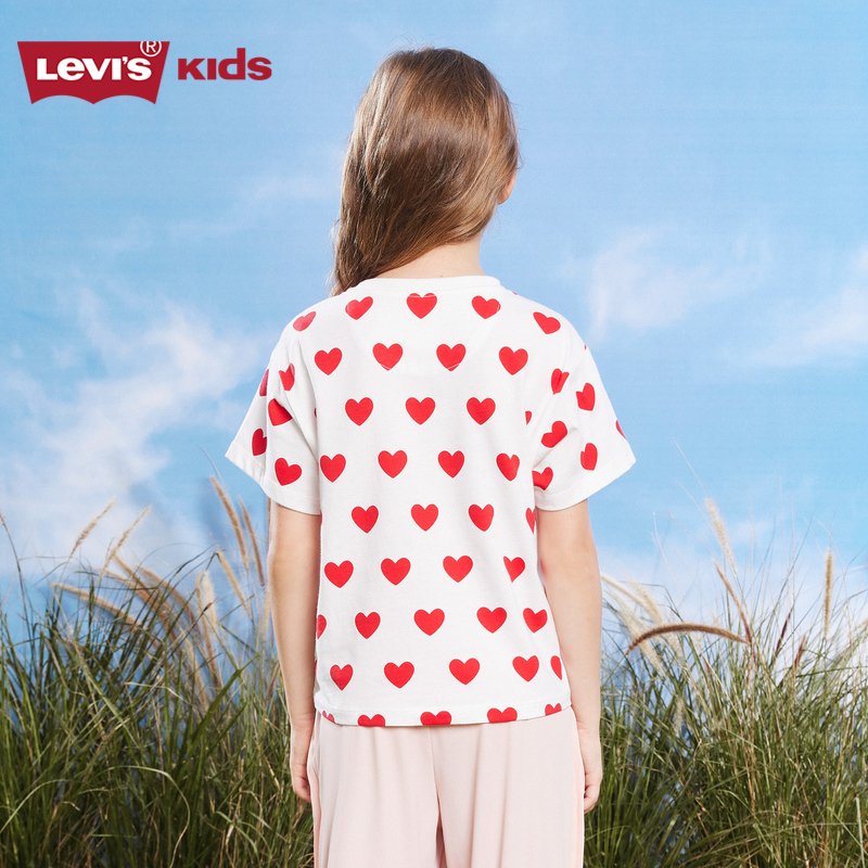 Levis李维斯童装女童短袖T恤儿童2023夏季新款桃心满印半袖上衣 - 图3