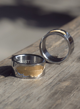 欧美钛钢羽毛戒指男饰品