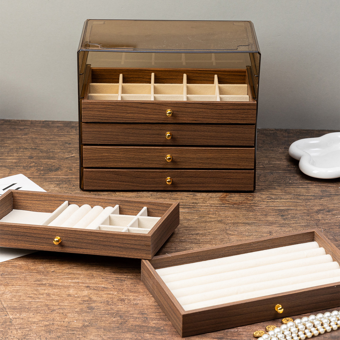 复古风胡桃木首饰盒高颜值饰品收纳盒多层分格桌面耳钉耳环珠宝盒,淘宝优惠券,粉丝福利购,淘宝优惠卷