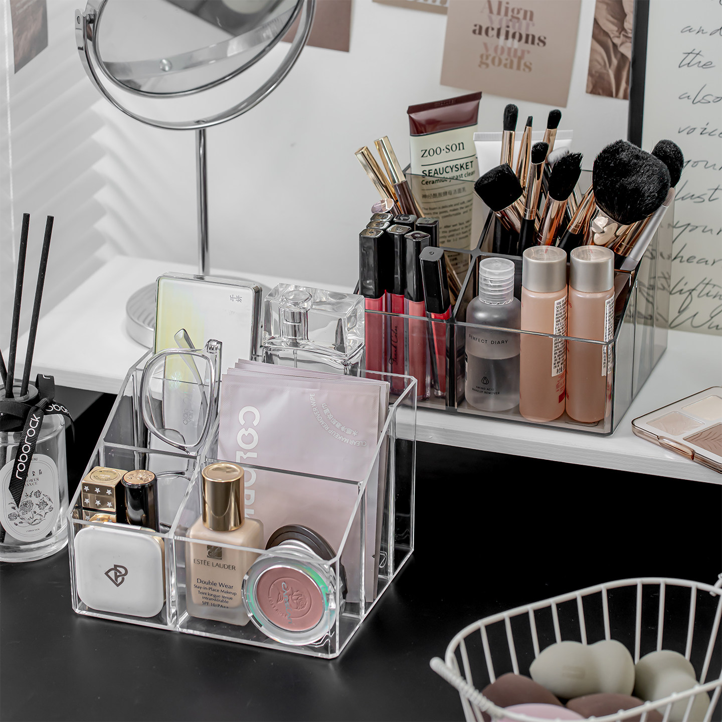 桌面高级感化妆品收纳盒梳妆台眉笔刷子置物架分格护肤品透明笔筒,淘宝优惠券,粉丝福利购,淘宝优惠卷