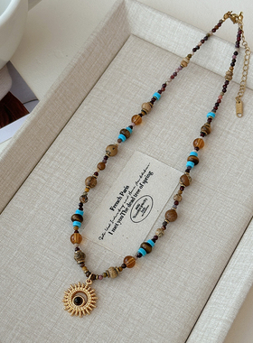 ins风天然石串珠太阳吊坠项链