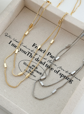 双层方块金色项链锁骨链