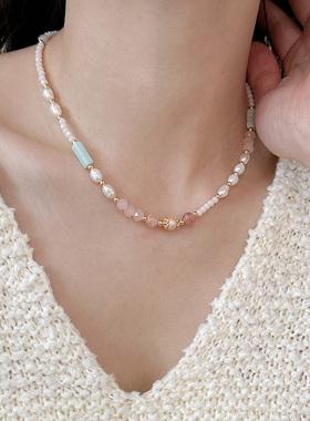 轻奢淡水珍珠粉色天然石串珠项链